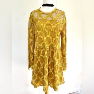 Vintage Style Xhilaration Lace Trumpet Sleeve Dress Mustard Yellow Gold L Target